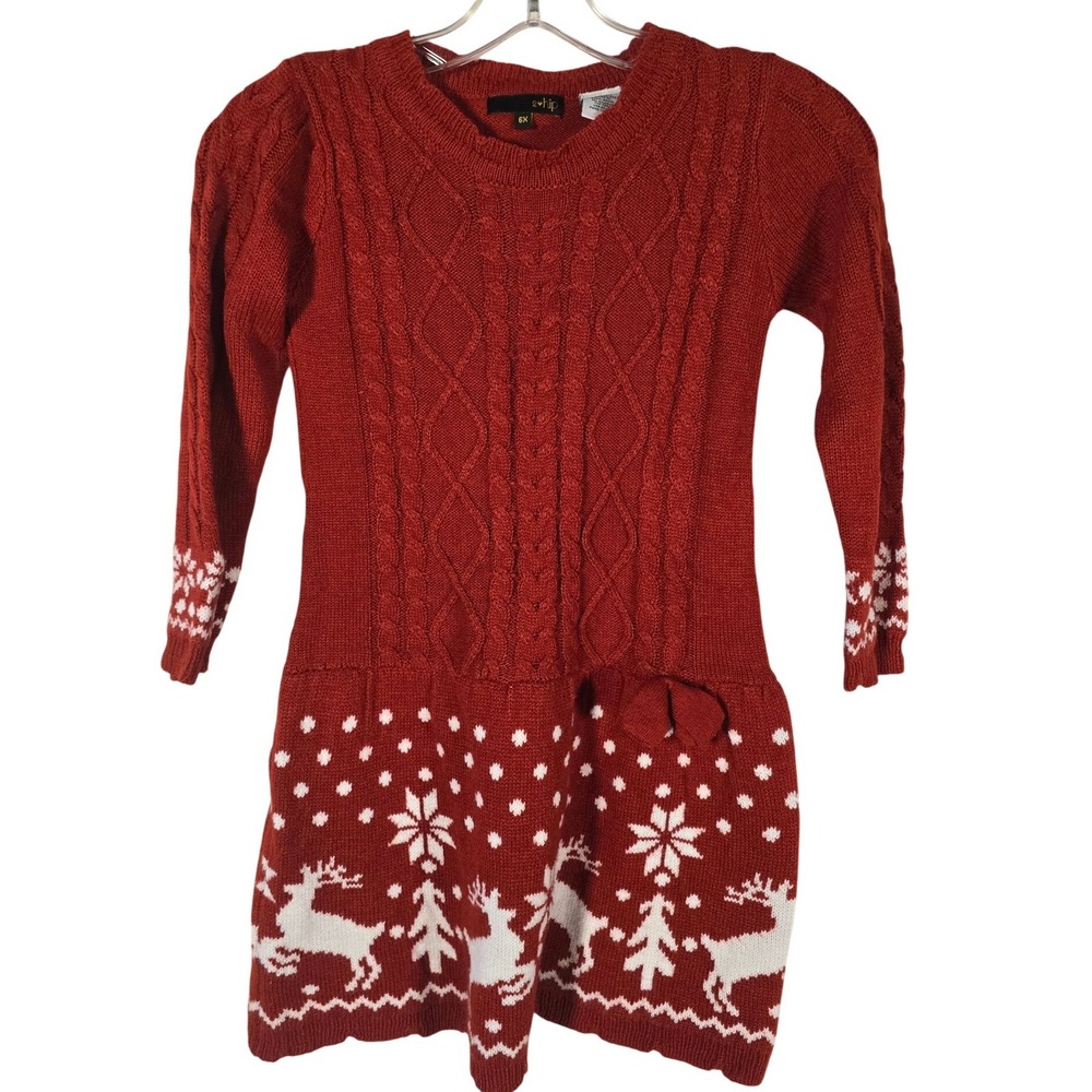 Girls Red Cable Knit Sweater Holiday Dress Reindeer Snowflake Cute 6x‎